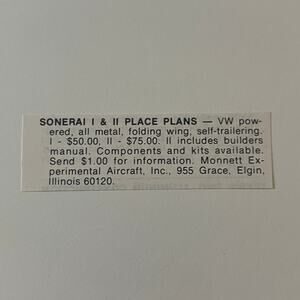 Monnett Experimental Aircraft Inc Elgin IL 1979 Sport Aviation Clipping SAH5-S53